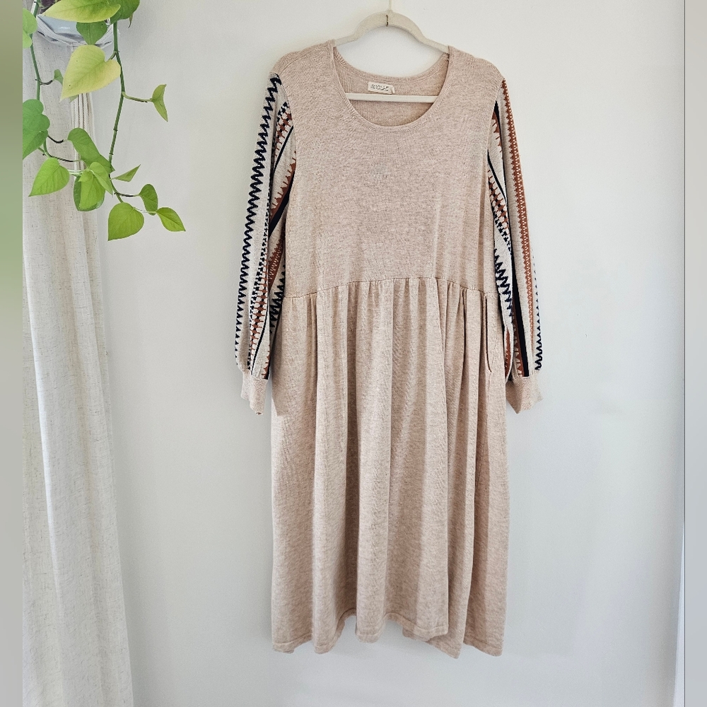 Roolee Beige puff sleeve wool blend babydoll sweater dress size XL
